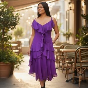 Spenser Jeremy 100% Silk Purple Ruffle Midi Dress Women’s Sz. 8, 90’s, Y2K, VTG